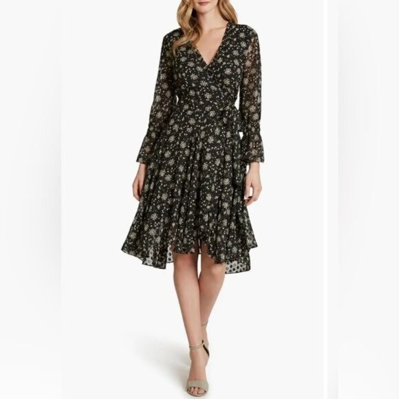 TAHARI Floral Long Sleeve Dot Chiffon Ruffle Faux Wrap Dress 12 - Picture 10 of 10